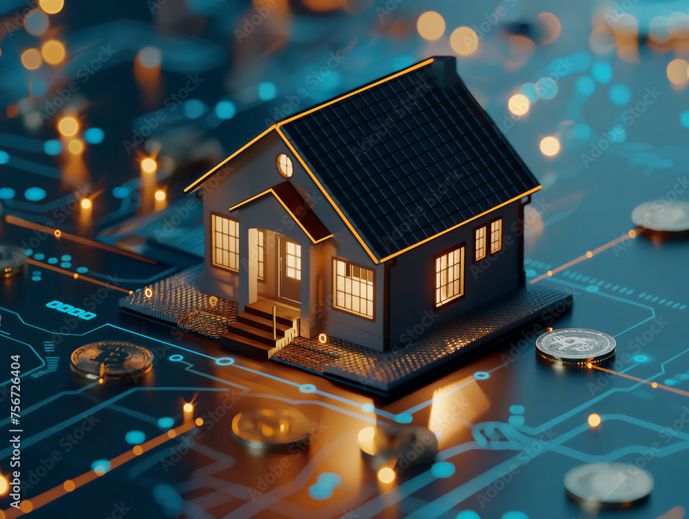 A miniature eco-friendly smart house model with solar panels on a circuit board, symbolizing energy-efficient technology integration A miniature eco-friendly smart house model with solar panels on a circuit board, symbolizing energy-efficient technology integration
