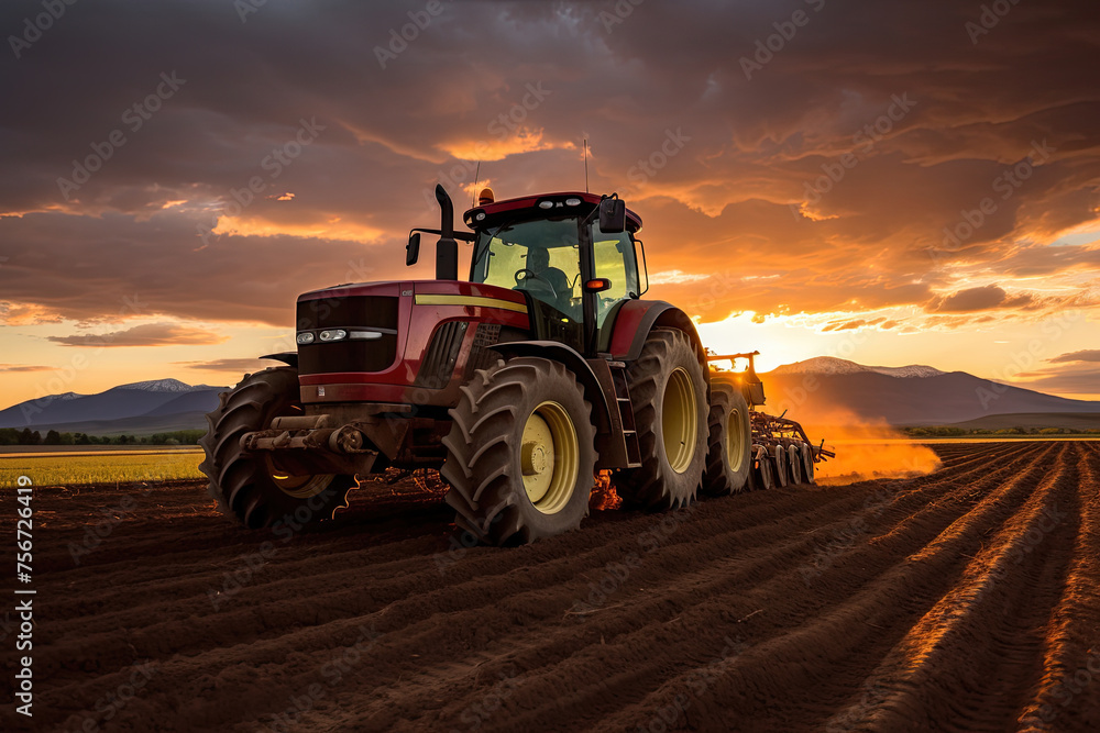 Fototapeta premium Tractor at work, with the setting sun casting a golden glow over the plowed fields and mountain backdrop