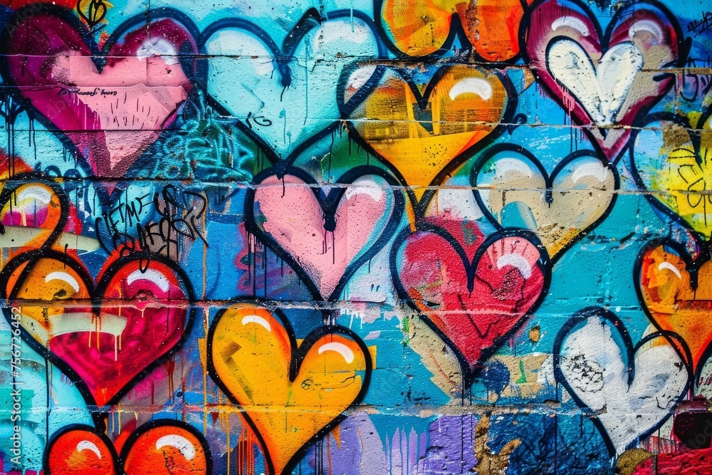 Vivid depiction of colorful hearts as a symbol of love and graffiti art Creatively expressed on a wall Embodying the vibrancy and diversity of emotions