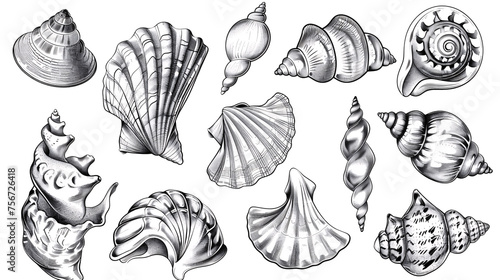 Collection of different hand-drawn shells on a transparent background, Generative AI.