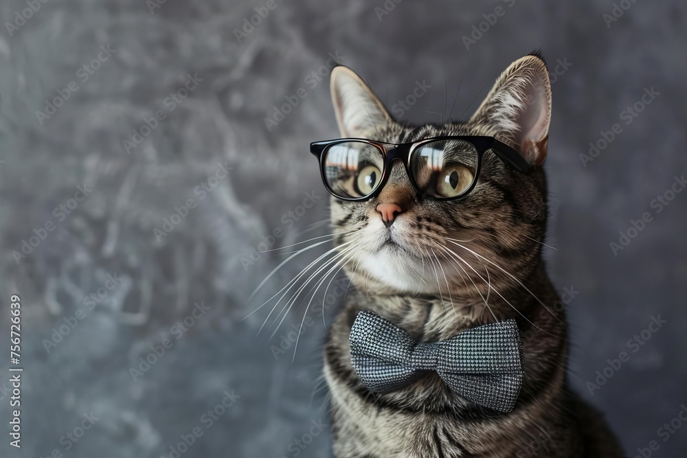 Adorable cat wearing fashionable glasses and a bowtie Posing against a plain backdrop Adorable cat wearing fashionable glasses and a bowtie Posing against a plain backdrop