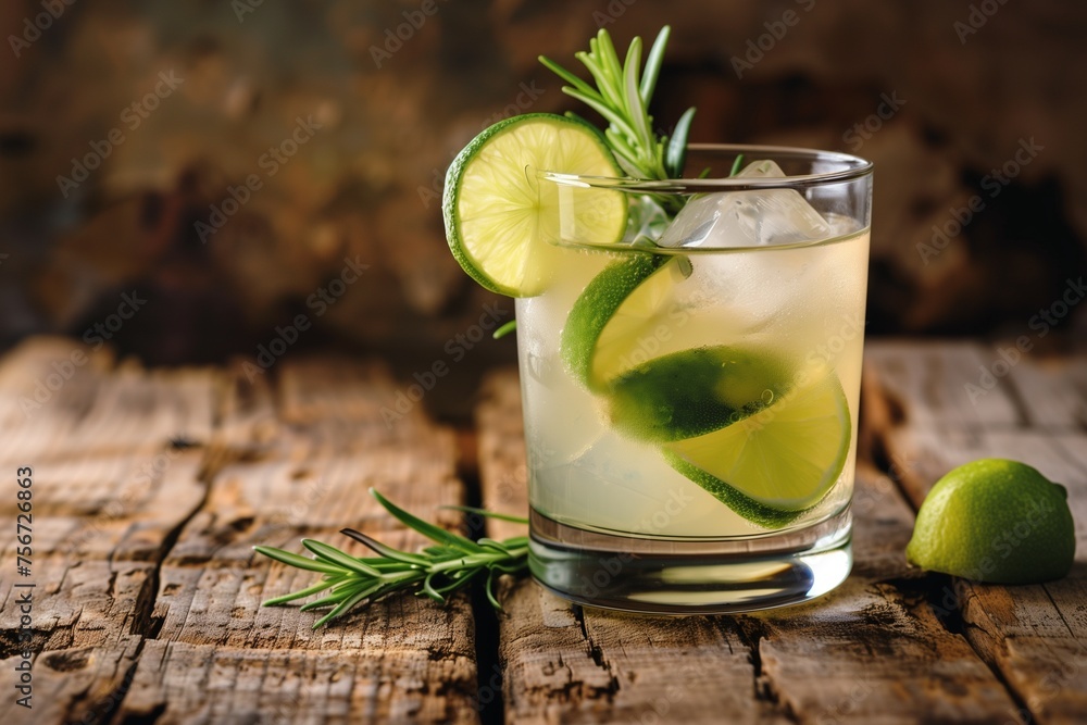 Fototapeta premium Zero-waste cocktail, a gin and tonic garnished with organic lime and rosemary, representing Earth Day's ethos of sustainability.