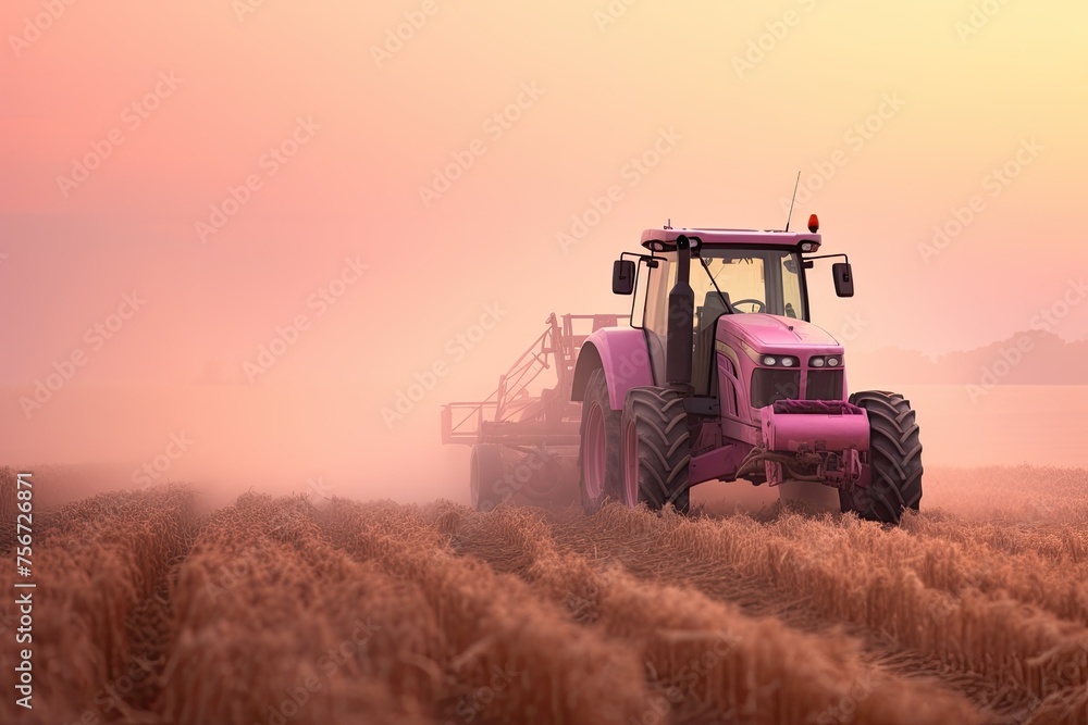 Amidst the soft twilight, a pink tractor gracefully navigates the golden barley fields, painting a scene of serene beauty and tireless dedication Amidst the soft twilight, a pink tractor gracefully navigates the golden barley fields, painting a scene of serene beauty and tireless dedication