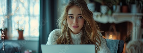 Beautiful woman working with laptop at desk office background