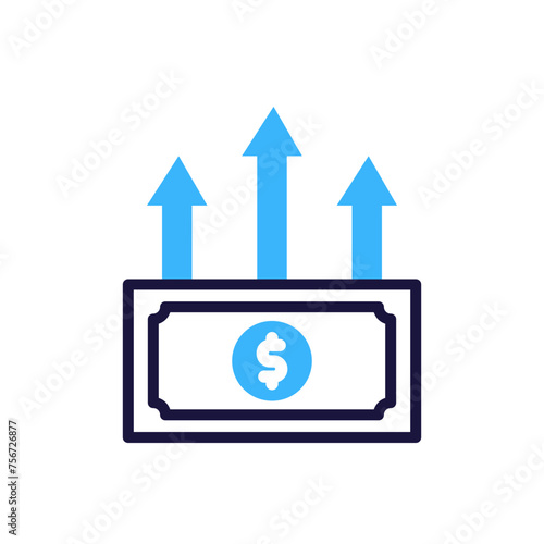 Dollar bill money with upward arrows icon. Vector illustration for financial growth, income increase, and economic success concept