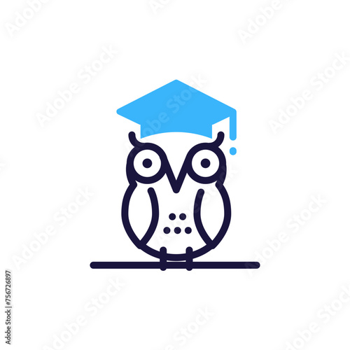 Academic owl icon with graduation cap on a branch. Vector illustration symbol for wisdom, education, and academic achievement concept