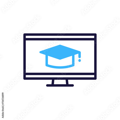 Online education icon with computer screen and academic hat. Vector illustration symbol for e-learning, digital learning, and educational technology concept