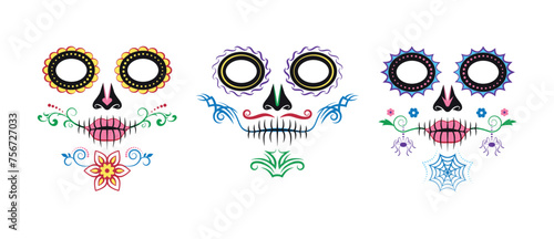 Set of 3 Elegant sugar skull designs. Catrina style. Day of the Dead, Halloween, Carnival and other occasions. Vector illustration.
