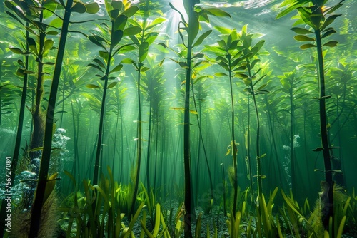 Numerous plants growing underwater.