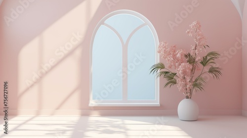 Empty room with pink walls and big arc window dropping soft shadow on floor  ceramic vase with blooming flower. Modern home interior design