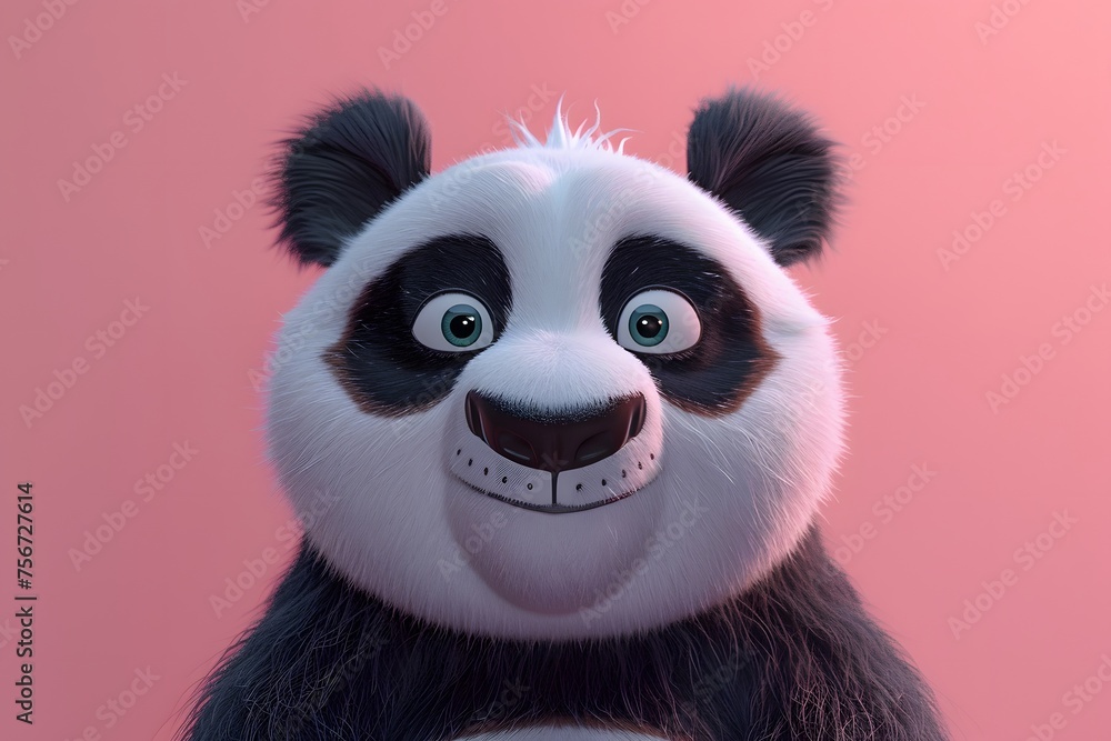 a whimsical cartoon panda against a soft pink background, with charming details in fur and a captivating gaze, immersing viewers in a delightful 16k cinematic experience.