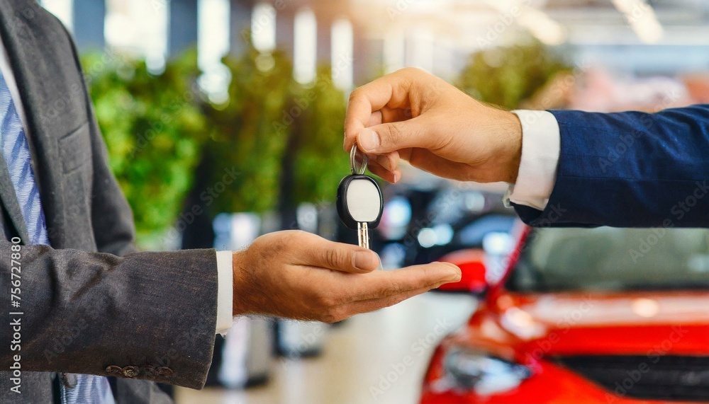 Hands of agent dealer or sale man giving car key of vehicle to customer or renter in dealership
