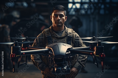 A soldier stands near an unmanned aerial vehicle, a drone, ready for takeoff. The latest military technologies in service with the army.