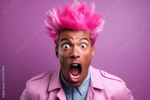 The pink haired man appears surprised, his eyes wide and his mouth hanging open.