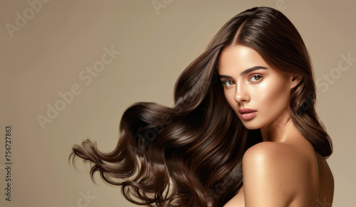 Hair Product Model, Brunette Woman with Shiny Hair Flying, Beige Background