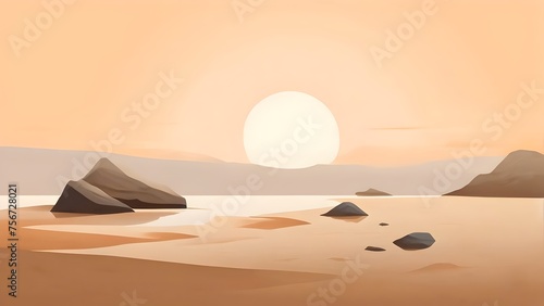 Minimalist calm nature background  A serene beach with rocks in the soft sand  calm ocean waves  morning light  mindfulness  meditation  relaxation  mindset  wallpaper  backdrop