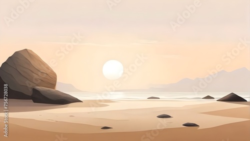 Minimalist calm nature background: serene Landscape, Sand, zen rocks, gentle waves, soft morning light, mindfulness, meditation, relaxation, mindset, wallpaper, backdrop