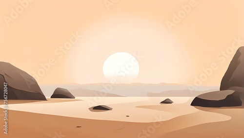 Minimalist calm nature background: Illustration of serene Ocean Landscape With Sand and zen rocks at sunset, soft morning light, for meditation and wellness, wallpaper, backdrop