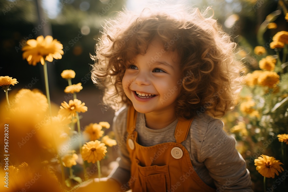 A young girl is standing amidst a vibrant field of flowers, looking curious and joyful. A young girl is standing amidst a vibrant field of flowers, looking curious and joyful.