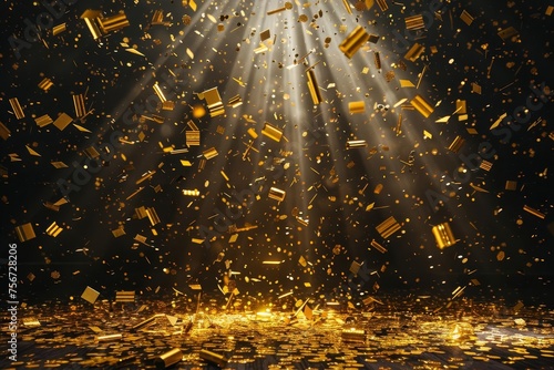 Golden confetti rain on a festive stage with a central light beam Providing an elegant backdrop for celebrations Product presentations Or award ceremonies