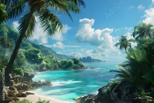 breathtaking image of a tropical paradise, where palm-fringed beaches meet turquoise waters, and the lush greenery of the jungle contrasts with the clear blue sky in stunning 16k ultra HD.