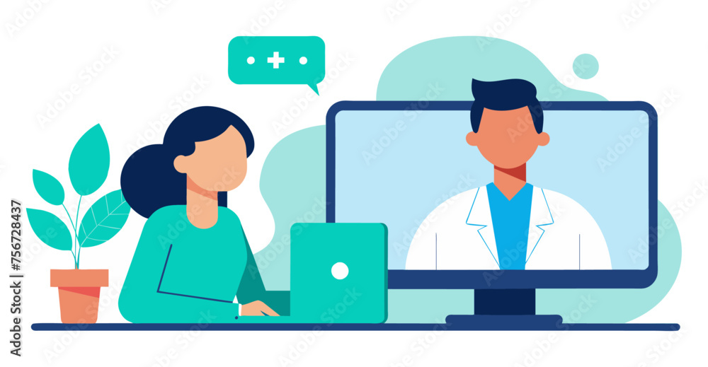 Online medical conference patient with doctor flat illustration in white background.