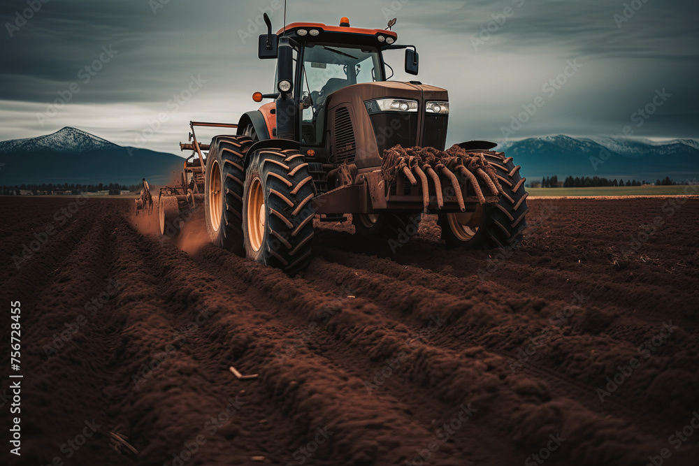 Fototapeta premium Tractor plows through the soil, its large tires and plow in action, set against the dramatic backdrop of distant mountains under a cloudy sky