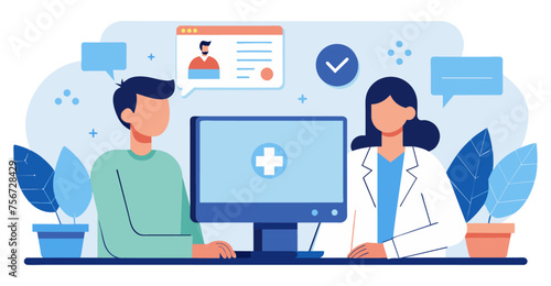 Online medical conference patient with doctor flat illustration in white background. © graphicfest_x