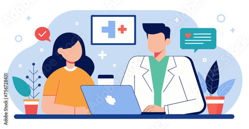 Online medical conference patient with doctor flat illustration in white background. © graphicfest_x