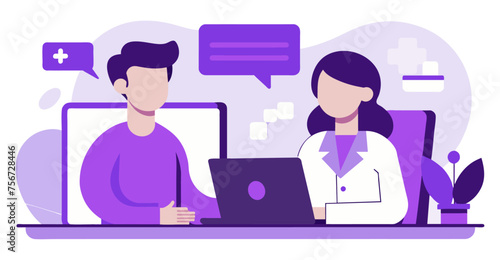 Online medical conference patient with doctor flat illustration in white background.