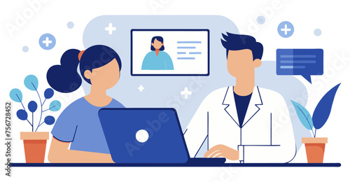 Online medical conference patient with doctor flat illustration in white background.