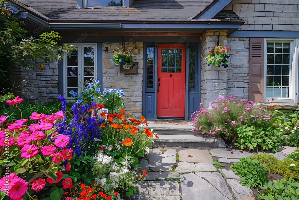charming cottage exterior with vibrant flowers adorning the entrance, capturing the essence of simplicity and beauty in 16k ultra HD splendor.