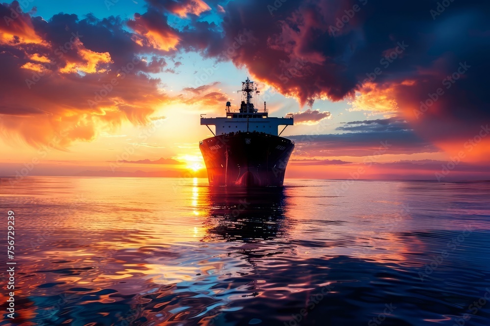 Silhouette of a large cargo ship on the horizon at sunset Maritime transport theme Silhouette of a large cargo ship on the horizon at sunset Maritime transport theme