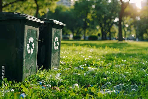 Recycling bins in a city park Emphasizing environmental responsibility and community engagement