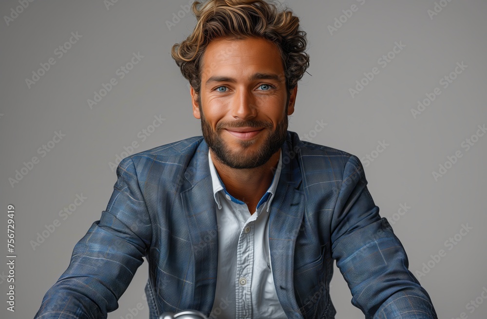 Man with facial hair in formal wear smiling at event Man with facial hair in formal wear smiling at event