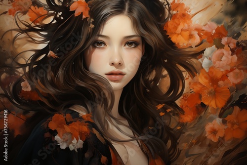 A portrait painting of a woman adorned with vibrant flowers in her hair, captured in a colorful and intricate style.
