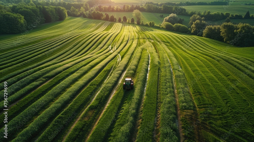 Aerial View of Tractor Plowing Vibrant Green Fields at Sunset Aerial View of Tractor Plowing Vibrant Green Fields at Sunset