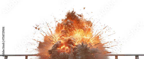 Dramatic explosion with intense flames on a bridge, cut out - stock png.