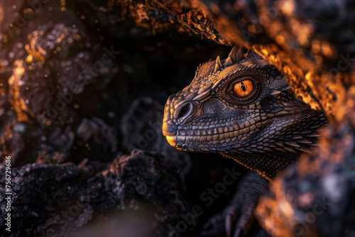 A dragon emerging from a cave  its scales catching the first rays of dawn.