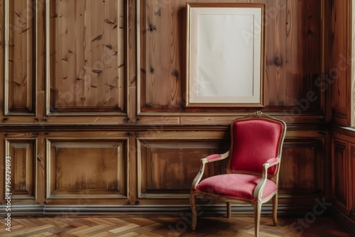 A red chair is positioned in front of a wooden paneled wall, creating a simple yet striking contrast of colors and textures.