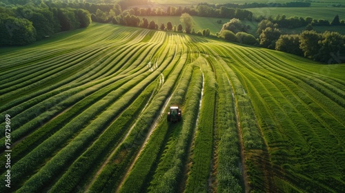 Aerial View of Tractor Plowing Vibrant Green Fields at Sunset