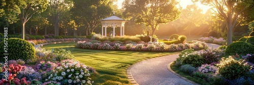 Elegant Gazebo Amidst Lush Landscaped Gardens at Dawn