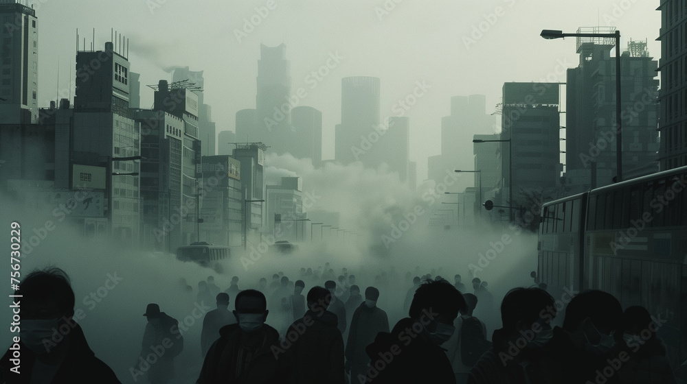 City shrouded in smog, bustling people - obrazy, fototapety, plakaty 