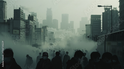 City shrouded in smog, bustling people