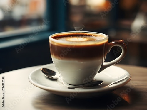 A Cup Of Coffee On A Saucer With A Spoon with cafe window in background