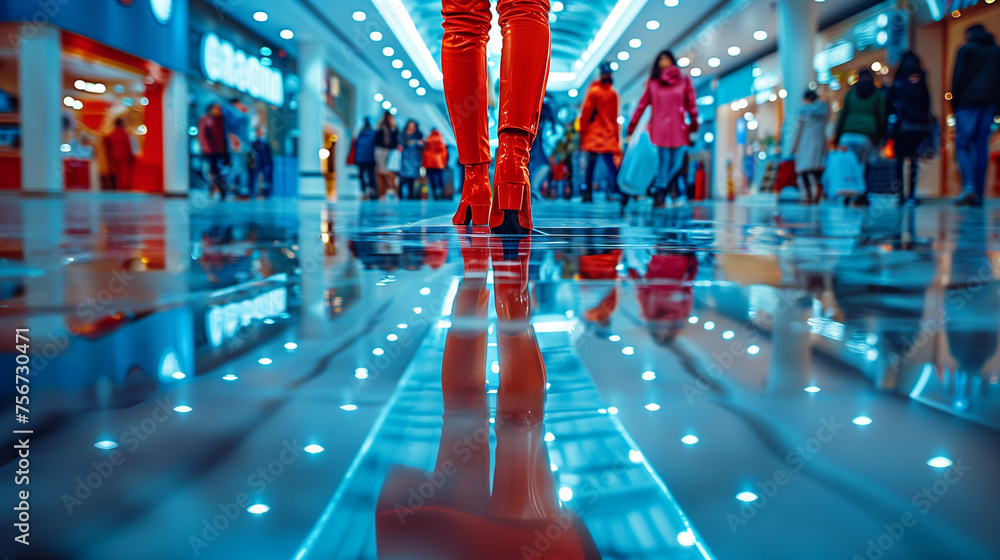 Person in red walking through a shopping centre, Person in red walking through a shopping centre,
