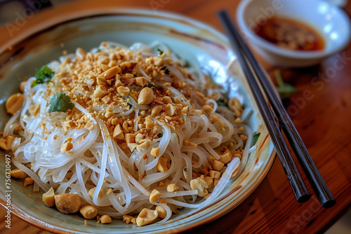 Bowl of noodles with peanuts and chopsticks on wooden table photo