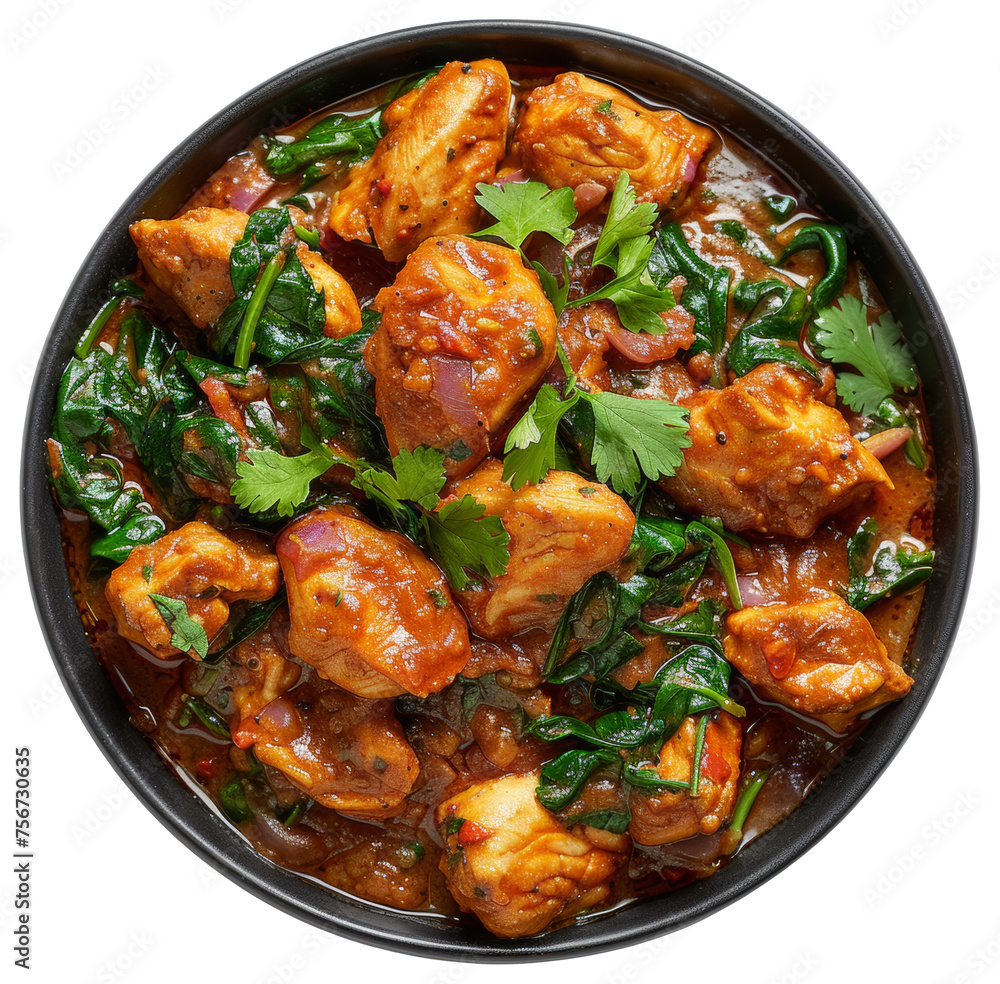 Spicy chicken tikka masala with spinach in a black bowl, cut out - stock png. Spicy chicken tikka masala with spinach in a black bowl, cut out - stock png.