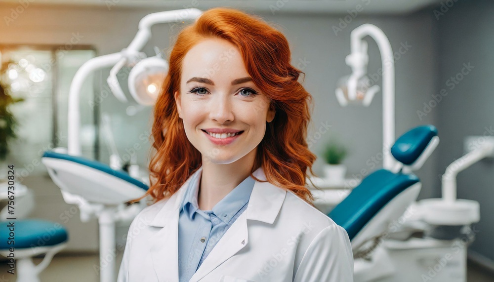 Woman with a confident smile, wearing a white lab coat, standing in a dental clinic with dental equipment in the background Woman with a confident smile, wearing a white lab coat, standing in a dental clinic with dental equipment in the background