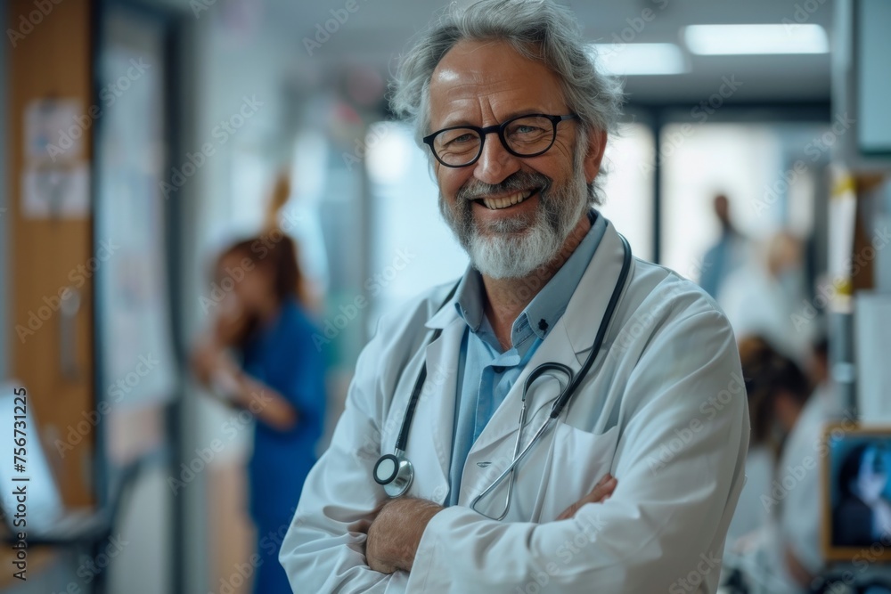 Confident mature doctor with grey hair and eyeglasses smiling in hospital corridor - obrazy, fototapety, plakaty 